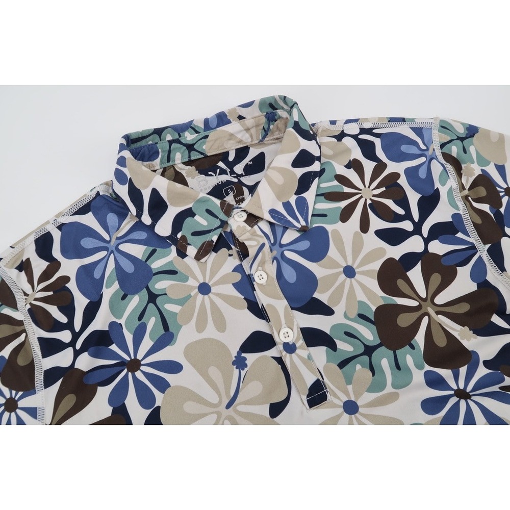BYLT Premium Basics Polo Shirt Mens Small Blue Floral Hibiscus Performance